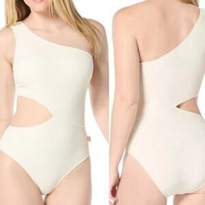 Michael MK Textured One Shoulder Cutout One Piece Swimsuit Cream Women 14 NWT